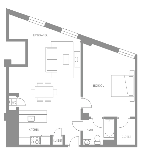 Floor plan for 1 bed, 1 bath, 904 sqft